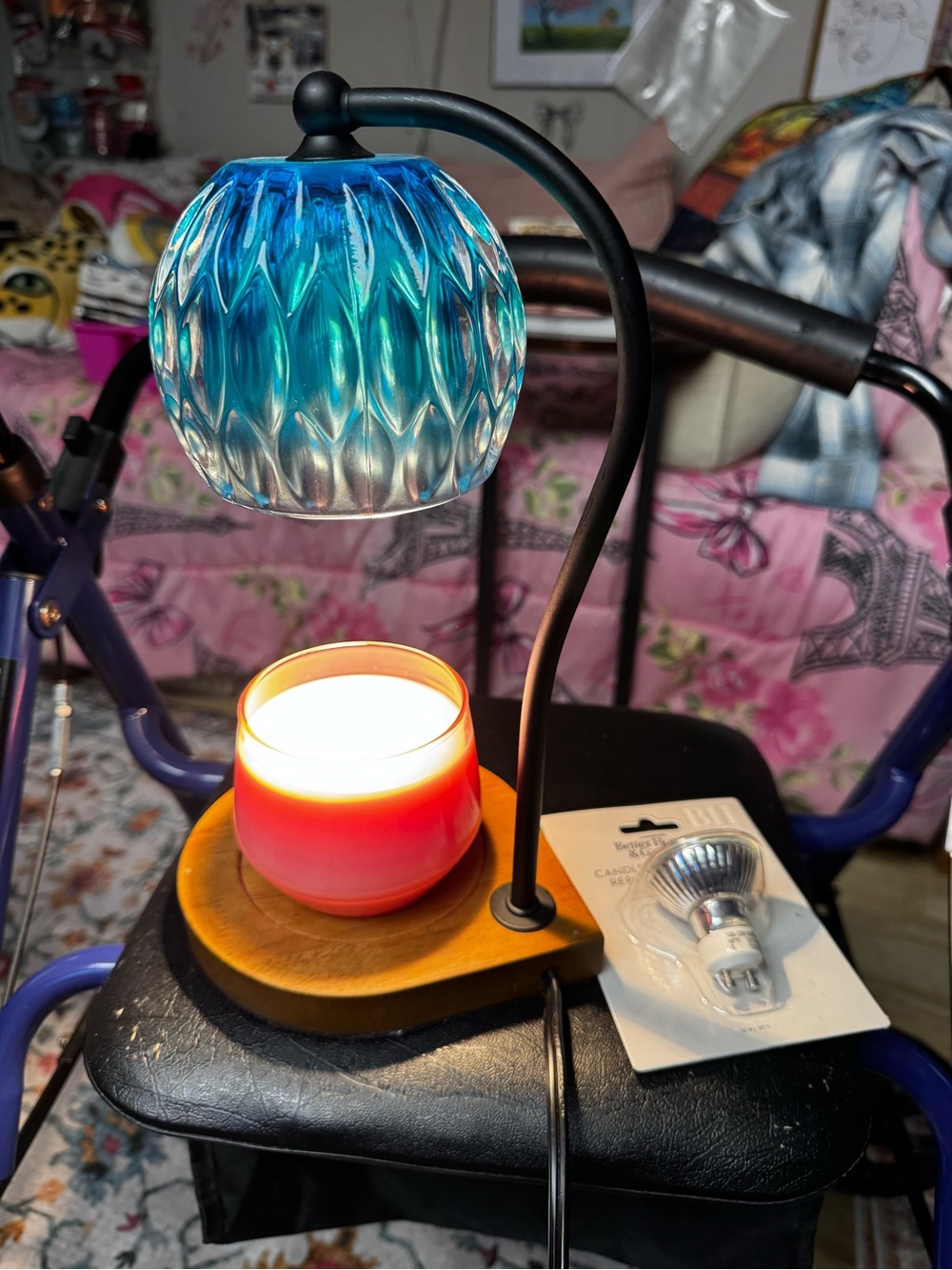 Beautiful Blue Glass Arc Table Lamp with Red-Orange Candle Holder